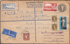 132436 1966 REGISTERED AIR MAIL LONDON TO NEW HAMPSHIRE, USA WITH 5/- CASTLE AND OTHER ISSUES.