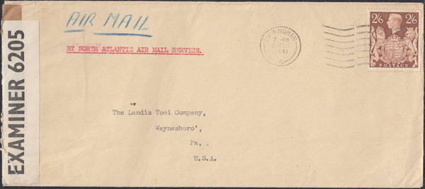 132440 1941 AIR MAIL BIRMINGHAM TO USA WITH KGVI 2/6 BROWN (SG476).