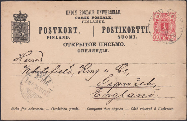 132455 1893 FINNISH 10P UPU POST CARD FINLAND TO 'WHITFIELD KING' STAMP DEALERS OF IPSWICH.