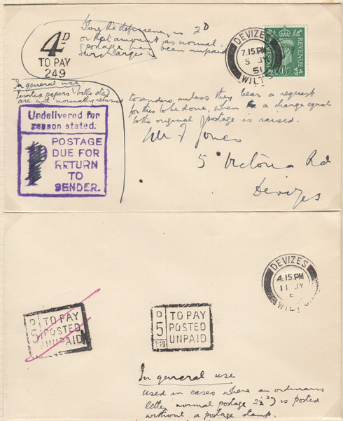 132461 COLLECTION OF 1951 INSTRUCTIONAL HAND STAMPS ON COVER FROM DEVIZES, WILTSHIRE WITH EXPLANATORY NOTES/LETTERS FROM THE POSTMASTER.