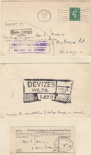 132461 COLLECTION OF 1951 INSTRUCTIONAL HAND STAMPS ON COVER FROM DEVIZES, WILTSHIRE WITH EXPLANATORY NOTES/LETTERS FROM THE POSTMASTER.