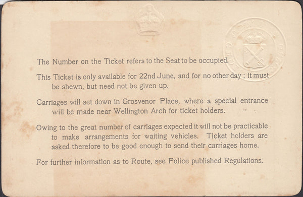 132464 1911 ADMISSION TICKET TO 'THEIR MAJESTIES' CORONATION' OF KING GEORGE V AND QUEEN MARY.