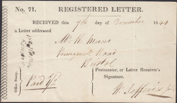 132493 1844 REGISTERED LETTER RECEIPT WITH 'CLEOBURY/PENNY POST' HAND STAMP (SH114).