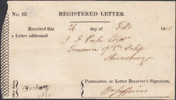 132494 1852 REGISTERED LETTER RECEIPT WITH 'CLEOBURY/PENNY POST' HAND STAMP (SH114).