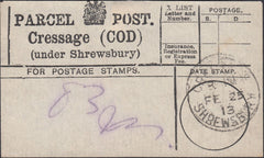 132548 1913 'CRESSAGE (COD)/(under Shrewsbury)' PARCEL POST LABEL.