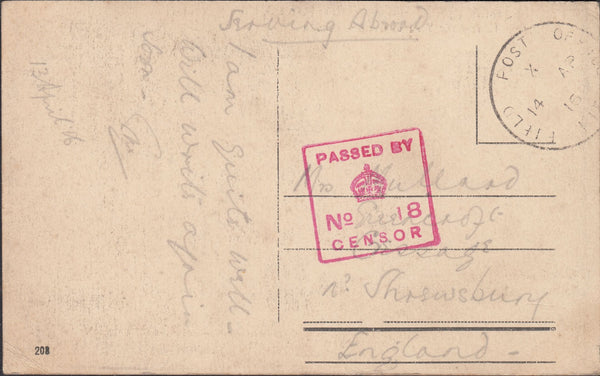 132555 1916 POST CARD O.A.S. TO CRESSAGE, SHROPSHIRE WITH 'FIELD POST OFFICE' SKELETON DATE STAMP.