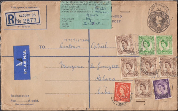 132586 1956 REGISTERED AIR MAIL SLOUGH, BERKS TO CUBA WITH WILDINGS.