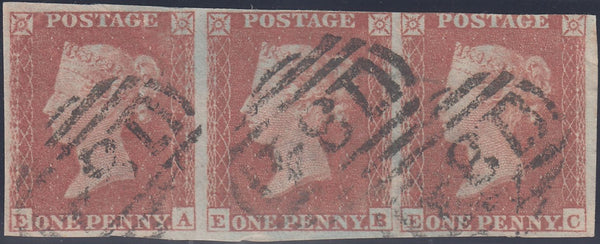 132642 1853 1D PL.164 (SG8) HORIZONTAL STRIP OF THREE LETTERED EA EB EC.