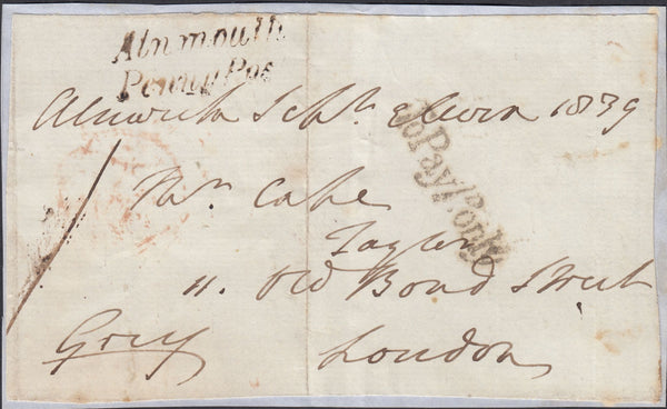 132715 1839 FREE FRONT FROM ALNWICK TO LONDON SIGNED 'GREY' AND WITH 'ALNMOUTH/PENNY POST' HAND STAMP (NR5).