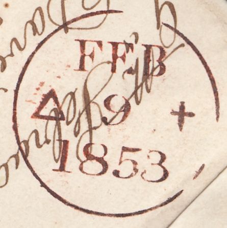 132753 1853 MAIL USED IN EDINBURGH WITH 'B MUIRHEAD' STRAIGHT LINE SCOTS LOCAL HAND STAMP TYPE A1.