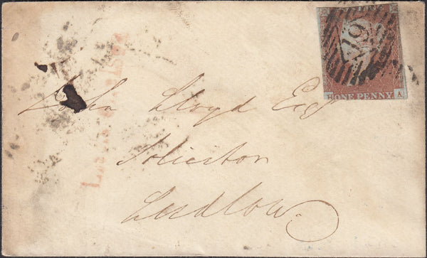 132902 1849 ENVELOPE LONDON TO LUDLOW WITH 'LUDLOW/3' SKELETON HAND STAMP (SH268).