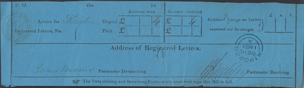 132933  1851 BLUE 'WAY BILL' IN RESPECT OF REGISTERED LETTER FROM PRESTEIGN, RADNORSHIRE TO KINGTON, HEREFORDSHIRE.