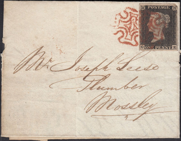 132947 1840-41 1D PLATE ONE MATCHED TRIO, 1D GREY-BLACK PL.1A (SG3), 1D BLACK PL.1B ON COVER (SG2) AND 1D RED PL.1B ON COVER (SG7) LETTERED OE.