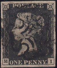 132972 1840-41 MATCHED PAIR 1D BLACK PL.5 (SG2) AND 1D RED (SG7) LETTERED MI.