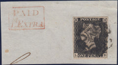 132975 1840 1D BLACK PL.4 (SG2)(LD) ON SMALL PIECE WITH BOXED 'PAID/1d. EXTRA'.