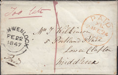 132989 1847 MAIL MUCH WENLOCK, SHROPS TO MIDDLESEX WITH MANUSCRIPT 'TOO LATE'.