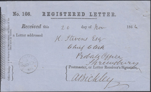 133414 1866 REGISTERED LETTER RECEIPT FROM ELLESMERE, SHROPSHIRE TO SHREWSBURY WITH 'ELLESMERE' DATE STAMP.