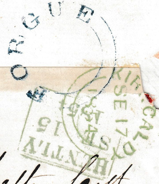 134098 1854 WRAPPER HUNTLY, ABERDEENSHIRE TO KIRKALDY WITH 'FORGUE' CIRCULAR HAND STAMP.