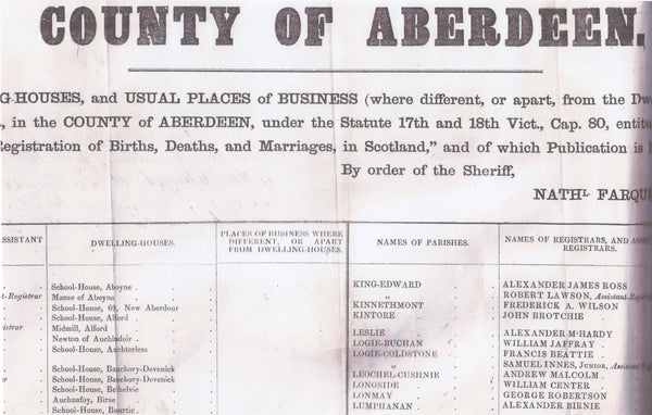 134103  1855 FINE PRINTED DOCUMENT FORBES, ABERDEENSHIRE TO ABERDEEN WITH 'FORBES' HAND STAMP.