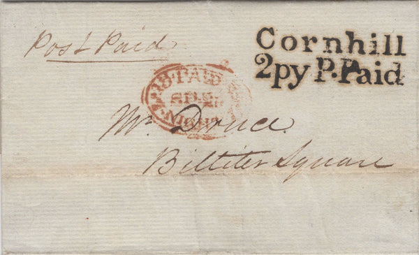 134459 1829 MAIL USED IN LONDON WITH 'Cornhill/2py P.Paid' RECEIVERS HAND STAMP (L507).