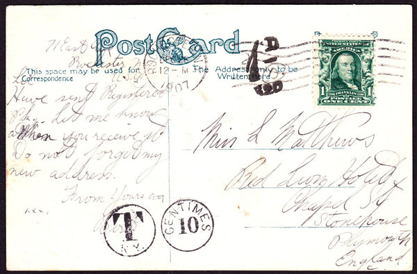 47339 - 1907 UNDERPAID MAIL USA TO PLYMOUTH. Post card Rochester, New York to ...