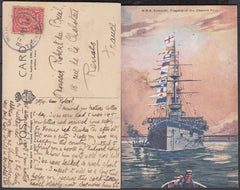 75423 - DEVON. 1914 post card of "H.M.S.Exmouth" to Rennes...