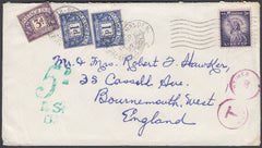 80828 - 1957 UNDERPAID MAIL USA TO BOURNEMOUTH.