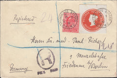 81309 - 1906 MIXED REIGNS COMBINATION QV CUT OUT AND KEDVIII STAMP. Envelope sent registered mail London to Berli...