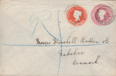 84184 - 1901 MAIL LONDON TO DENMARK 'POSTAL STATIONERY EMBOSSED. Envelope sent registered mai...