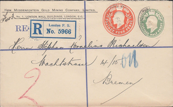 84270 1909 'NEW MODDERFONTEIN GOLD MINING COMPANY' ENVELOPE LONDON TO BREMEN.