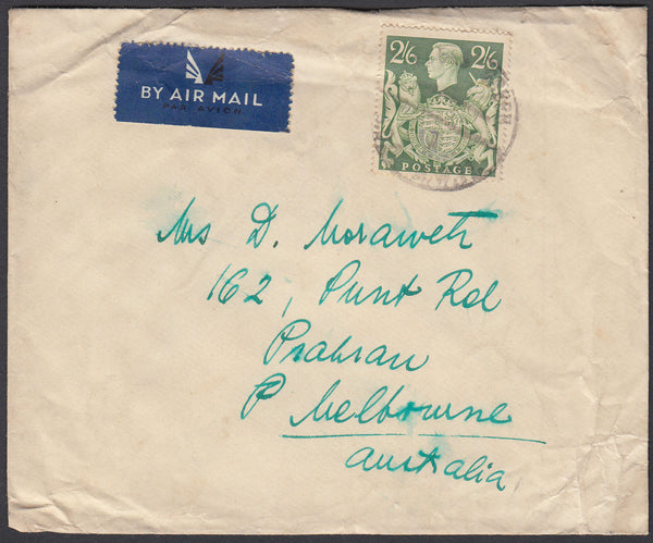 84450 - KGVI MAIL LONDON TO AUSTRALIA 2/6D YELLOW-GREEN (SG476b). Undated envelope (slight creasing) London to Melbourn...