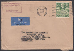 86256 - 1946 MAIL BRADFORD (YORKS) TO AUSTRALIA 2/6D YELLOW-GREEN (SG476b). Envelope Bradford, Yorks to Melbourne, Austra...