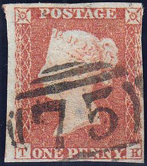 89654 - PL.113 (TK)(SG8). Good used 1851 1d pl.113 (SG8) lettered TK