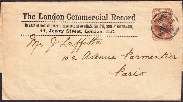 90179 - QV ½D RED-BROWN NEWSPAPER WRAPPER LONDON TO PARIS/'LONDON COMMERCIAL RECORD'. Fine QV ½d red-brown