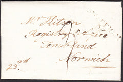 92004 - NORFOLK/'SWAFFHAM 95' MILEAGE MARK (NK391)(1817-1827). Undated letter Cley to