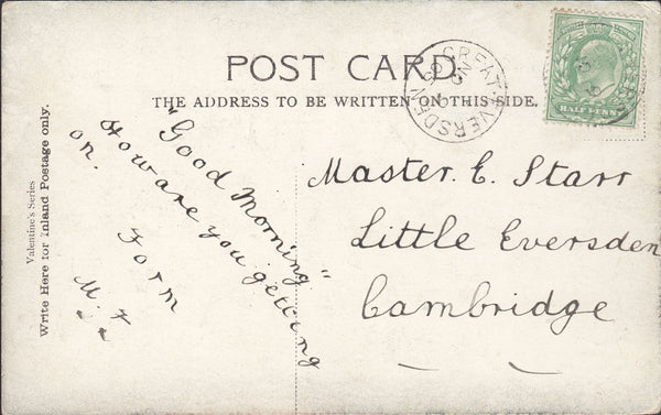 93866 - CAMBS. 1905 post card Great Eversden to Cambridge ...