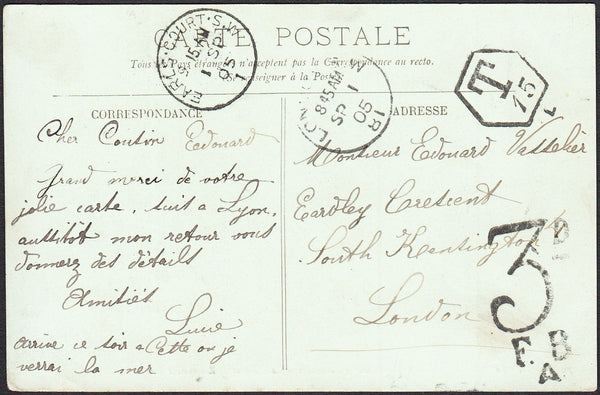 94775 - 1905 UNDERPAID MAIL LYON FRANCE TO LONDON. Post card Ly...