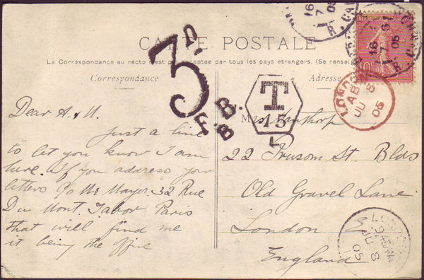 94900 - 1905 UNDERPAID MAIL PARIS TO LONDON. Post ca...