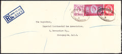 95947 - 1957 LONDON REGISTERED MAIL/6D CORONATION CUTOUT. Large envelope (230 x 100mm) sent registered ...