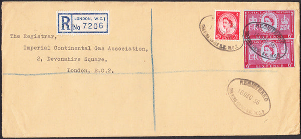 95949 - 1956 LONDON REGISTERED MAIL/6D CORONATION CUTOUT. Large envelope (230 x 104mm) sent registered ...