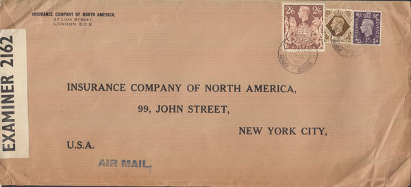 97405 - 1941 MAIL LONDON TO USA 2/6D BROWN (SG476). Large envelope (281 x 128) London to New York with...