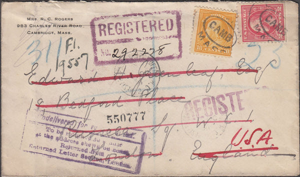 98901 - 1921 UNDELIVERED REGISTERED MAIL USA TO LONDON.