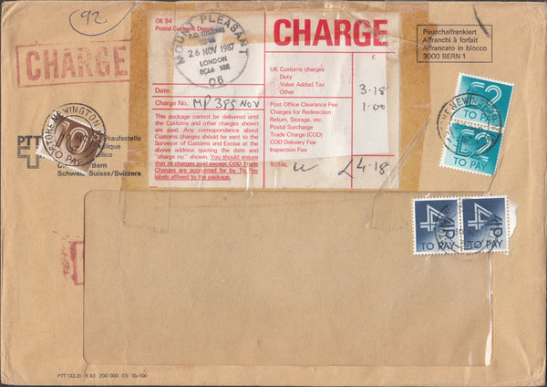 99961 - 1987 MAIL SWITZERLAND TO LONDON WITH UK POSTAGE DUES PAYING VAT.